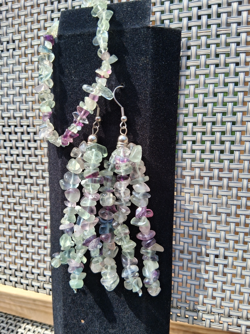 Handmade Rainbow Fluorite Crystal Chip Multi-Strand Statement Earrings &Bracelet
